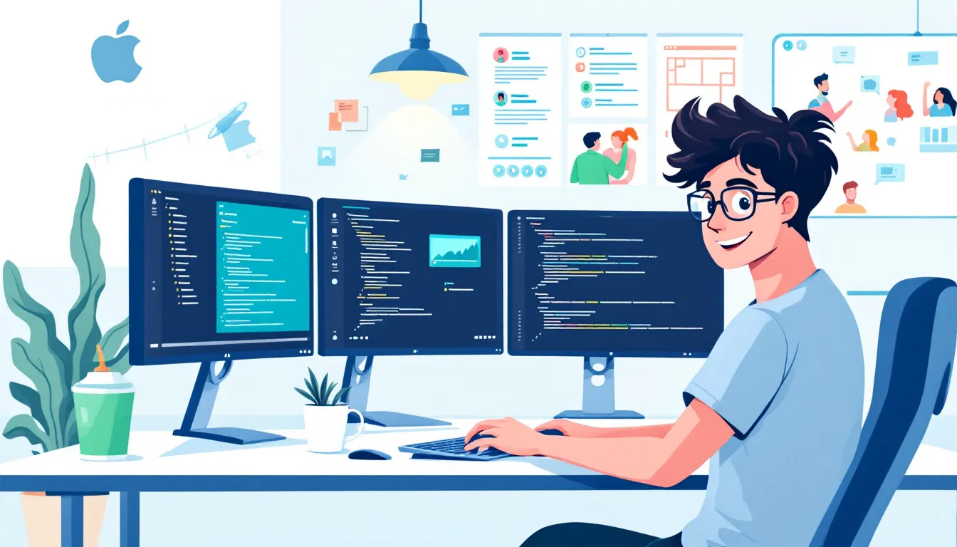 An illustration depicting the concept of app development, showcasing software developers collaborating on a project