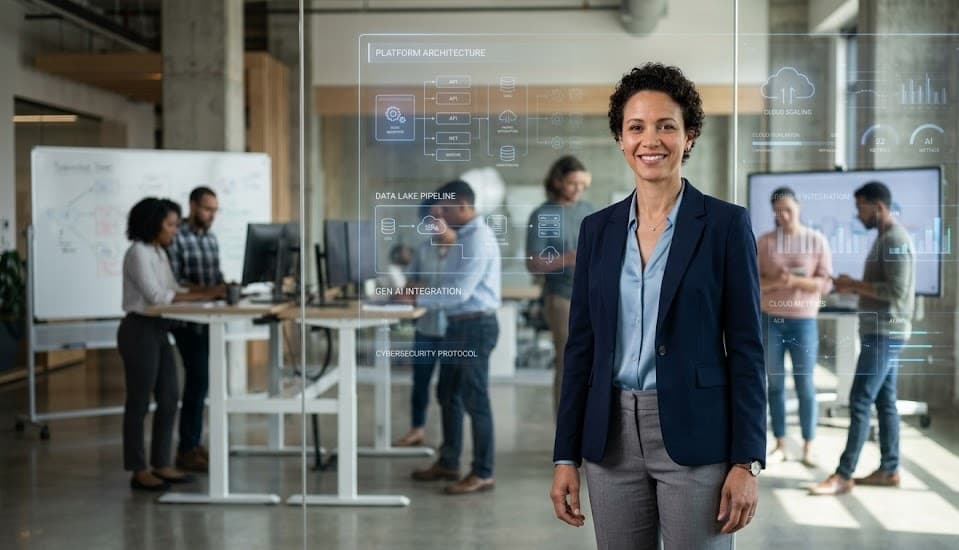 Chief Technology Officer leading architecture review with senior engineering team