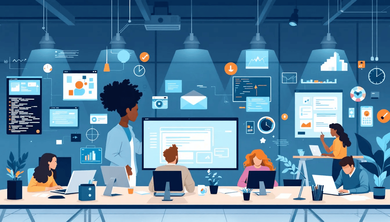 A diverse development team collaborating on a project, showcasing the benefits of outsourcing.