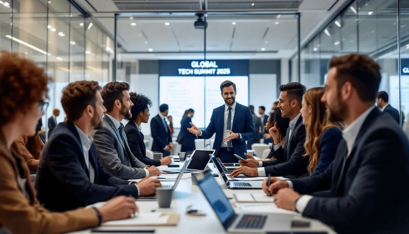 Key players in the software industry networking and sharing insights at an international tech summit