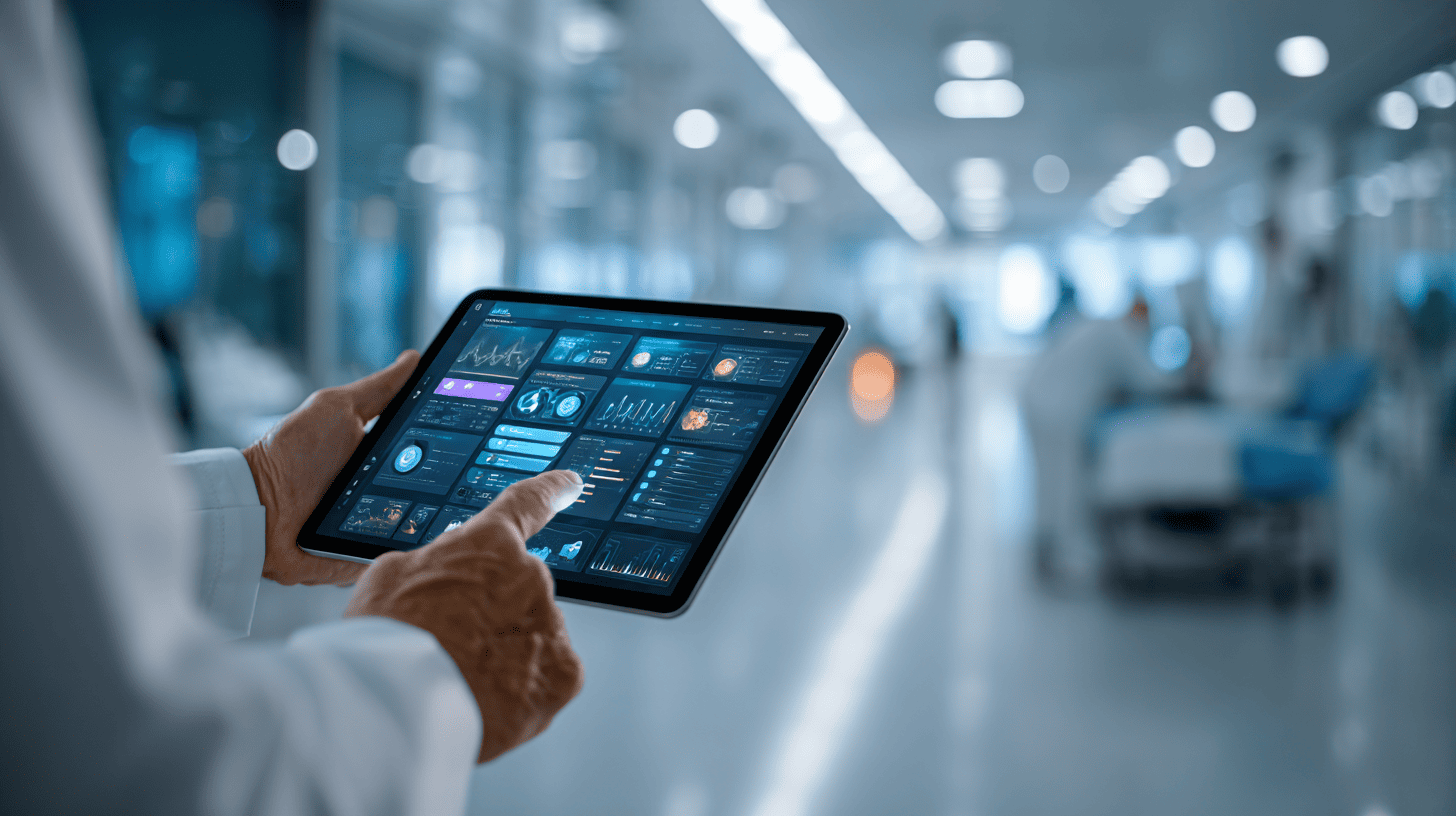 Doctor using a tablet with healthtech software in a modern hospital.