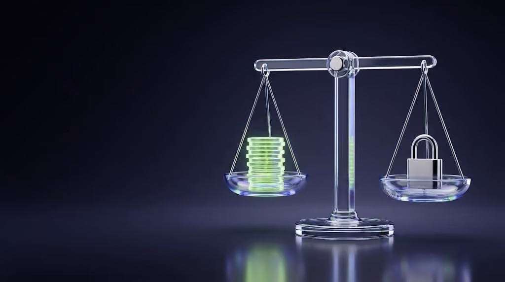 Glass and chrome balance scale holding green glass coins and a chrome padlock, symbolizing speed and control in fintech AI