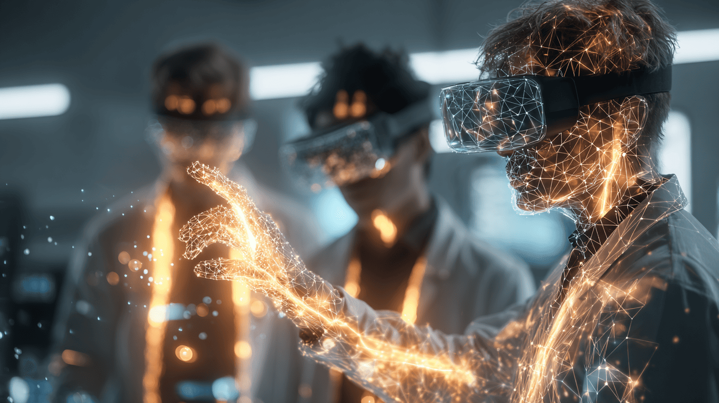 AI agents collaborating with humans in a futuristic innovation lab for enterprise product discovery