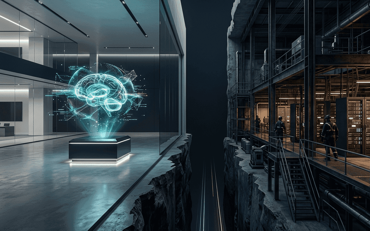 Engineer reviewing AI system architecture diagrams comparing a prototype demo environment to a scalable production deployment