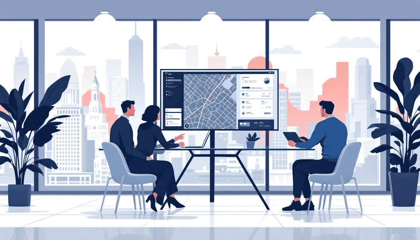 A collaborative meeting between a European Mapbox partner and clients discussing benefits of the Mapbox platform.