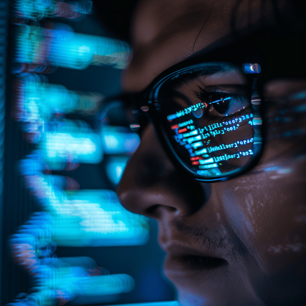 Close-up of a developer debugging Mapbox API integration with code reflections visible in glasses, symbolizing deep focus on geospatial data visualization.