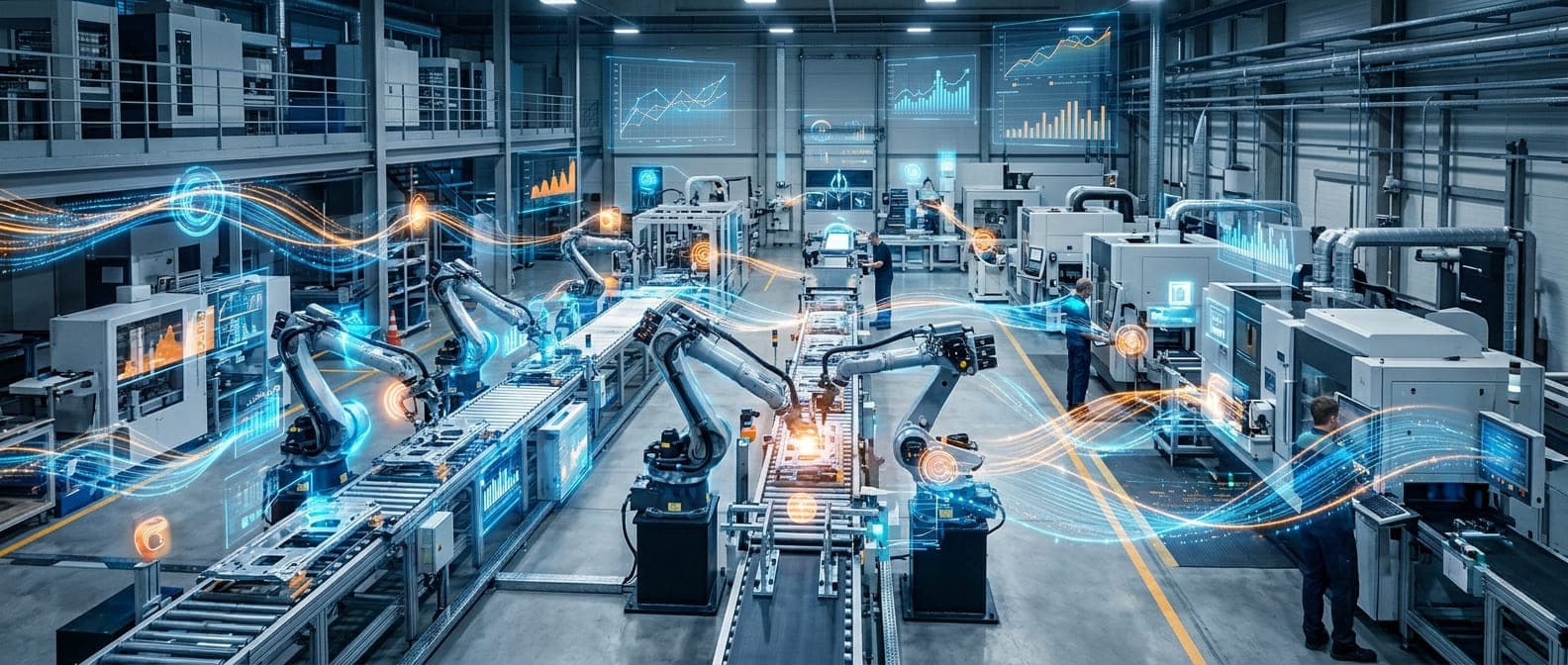 Inteligentna fabryka z czujnikami IoT monitorującymi linię produkcyjną w czasie rzeczywistym