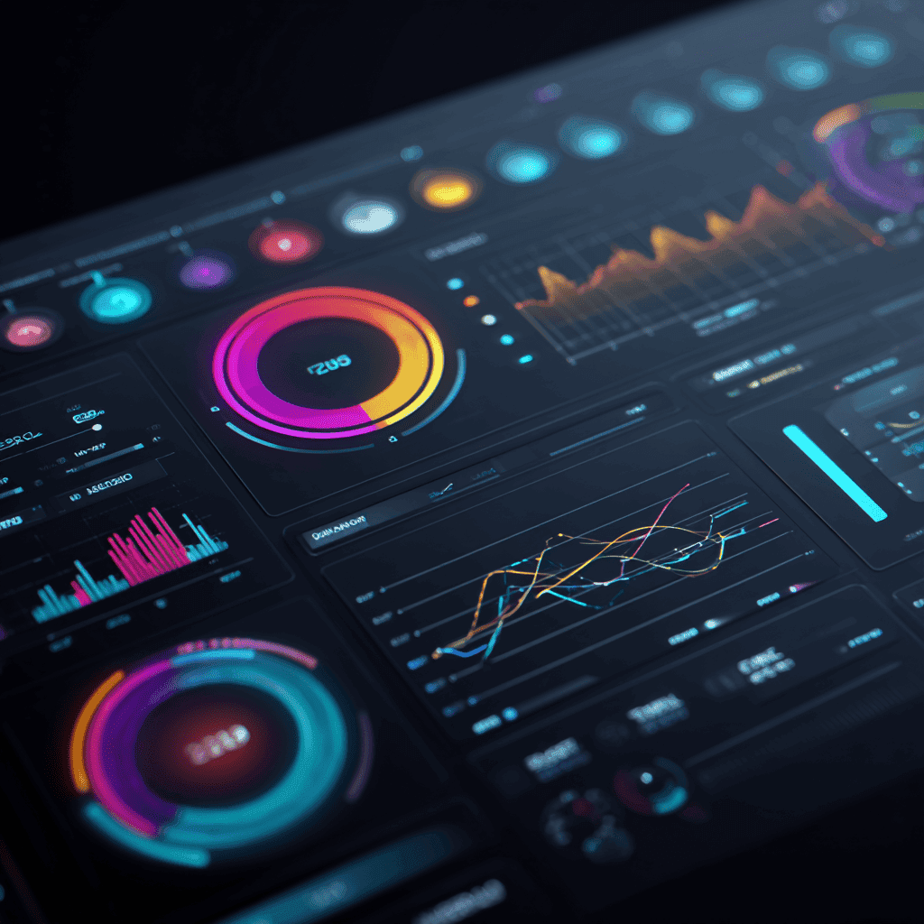 A digital dashboard showing AI business automation workflows connecting multiple SaaS apps, with productivity metrics and task automation analytics