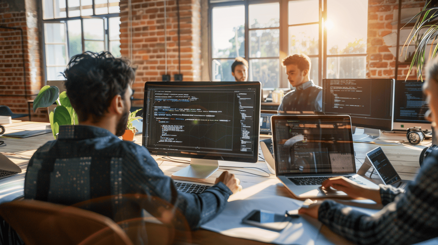 Team of software developers collaborating in a modern tech office, discussing Mapbox integration strategy and custom marker implementation.