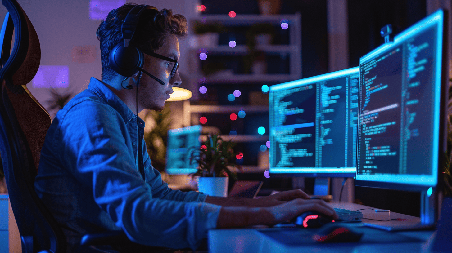 Software engineer coding at night with multiple monitors displaying Mapbox API scripts, representing backend integration and custom map layer development.