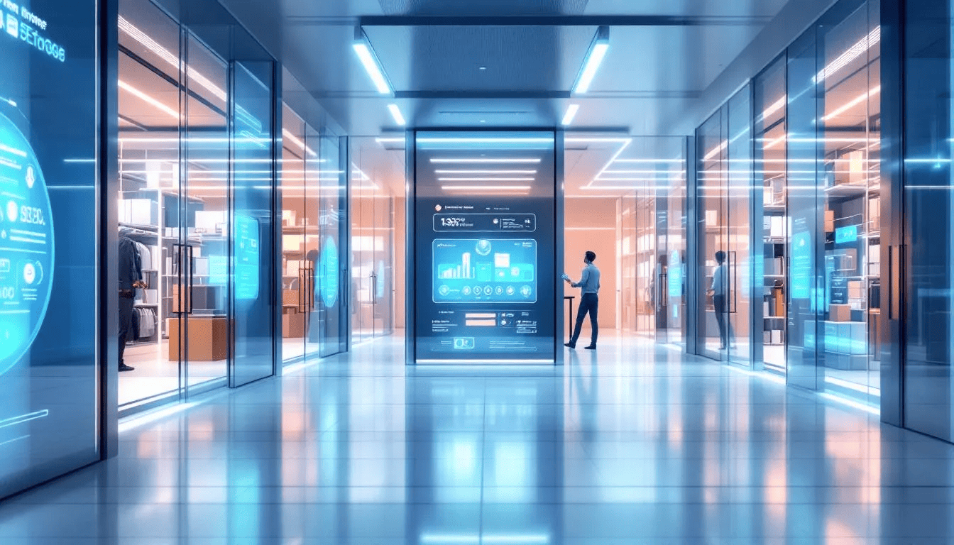 An illustration representing the rise of AI in self storage, showcasing storage units with digital interfaces.