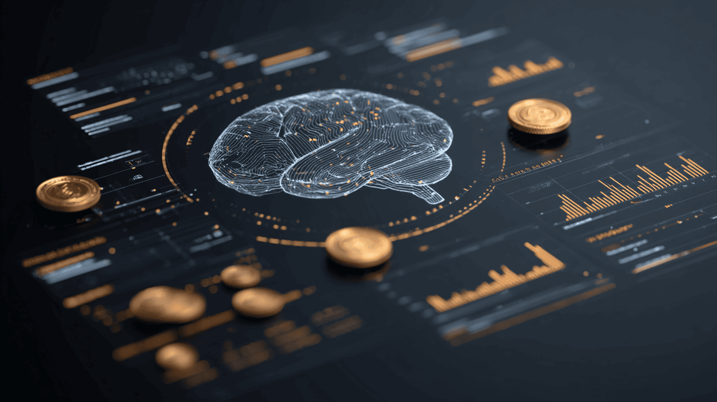 Abstract visual showing AI-driven finance — digital brain, data flow, coins, and analytics dashboard symbolizing generative AI in financial services.
