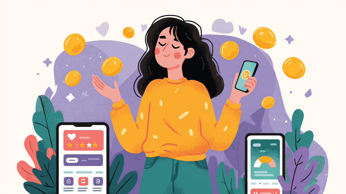 Fintech-themed social graphic with trophies, coins, and mobile UI elements promoting gamification in financial services.