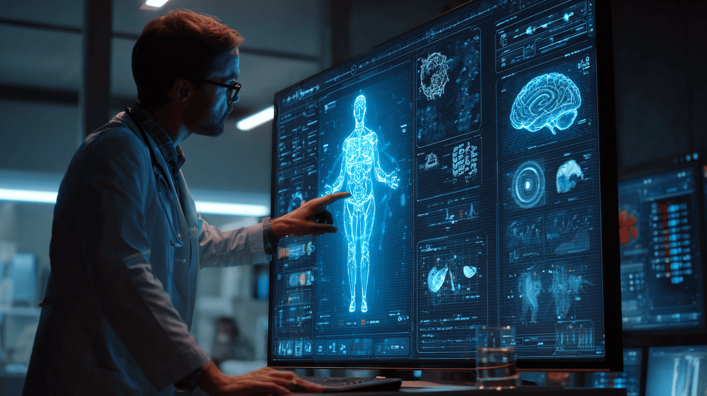 Developer building secure healthtech software interface with AI and medical data on screen