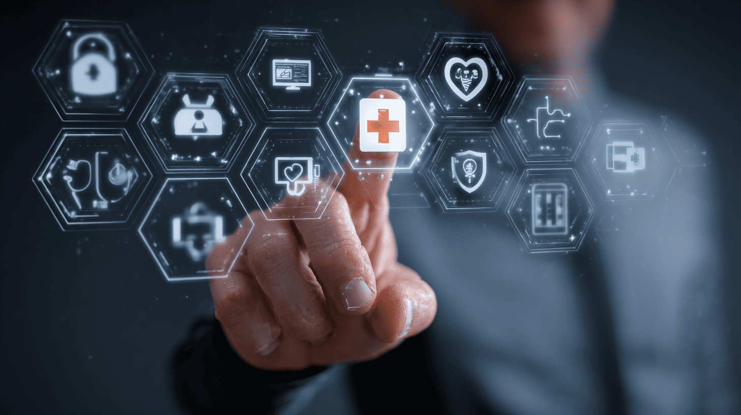 Developer designing secure e-health software interface with digital medical icons