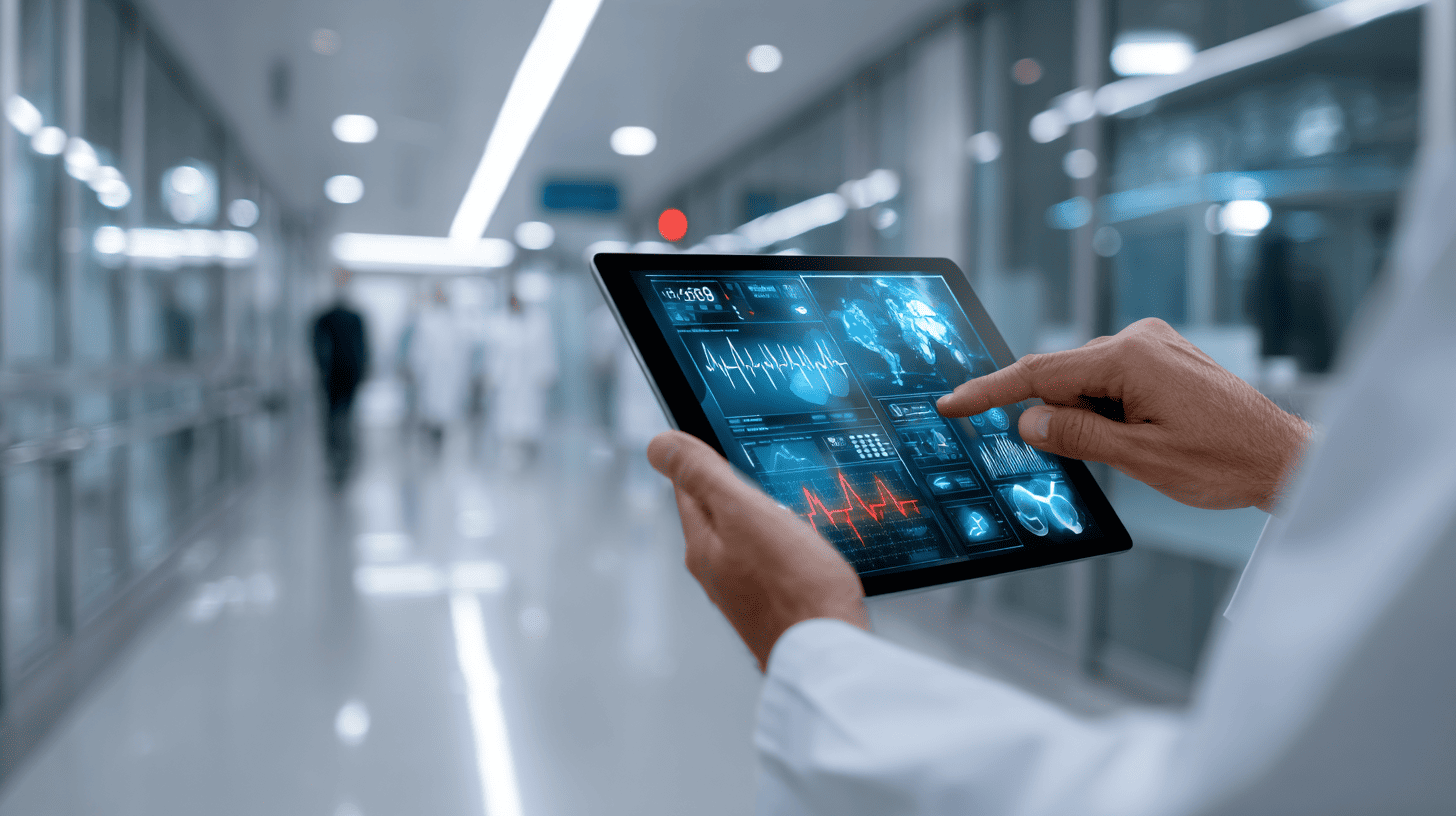 : Healthcare software developer working on e-health platform interface with digital medical icons on screen.