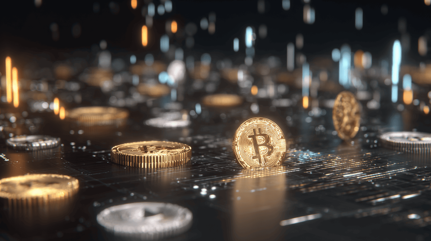 Bitcoin and Ethereum coins with futuristic blockchain network background