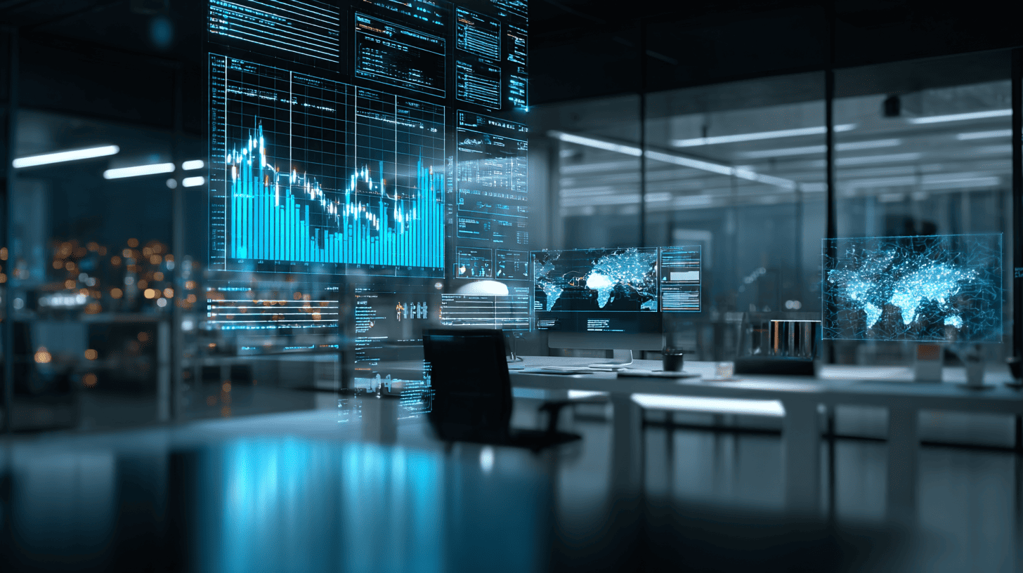 AI system analysing financial risk data and predicting market trends in a modern fintech environment.