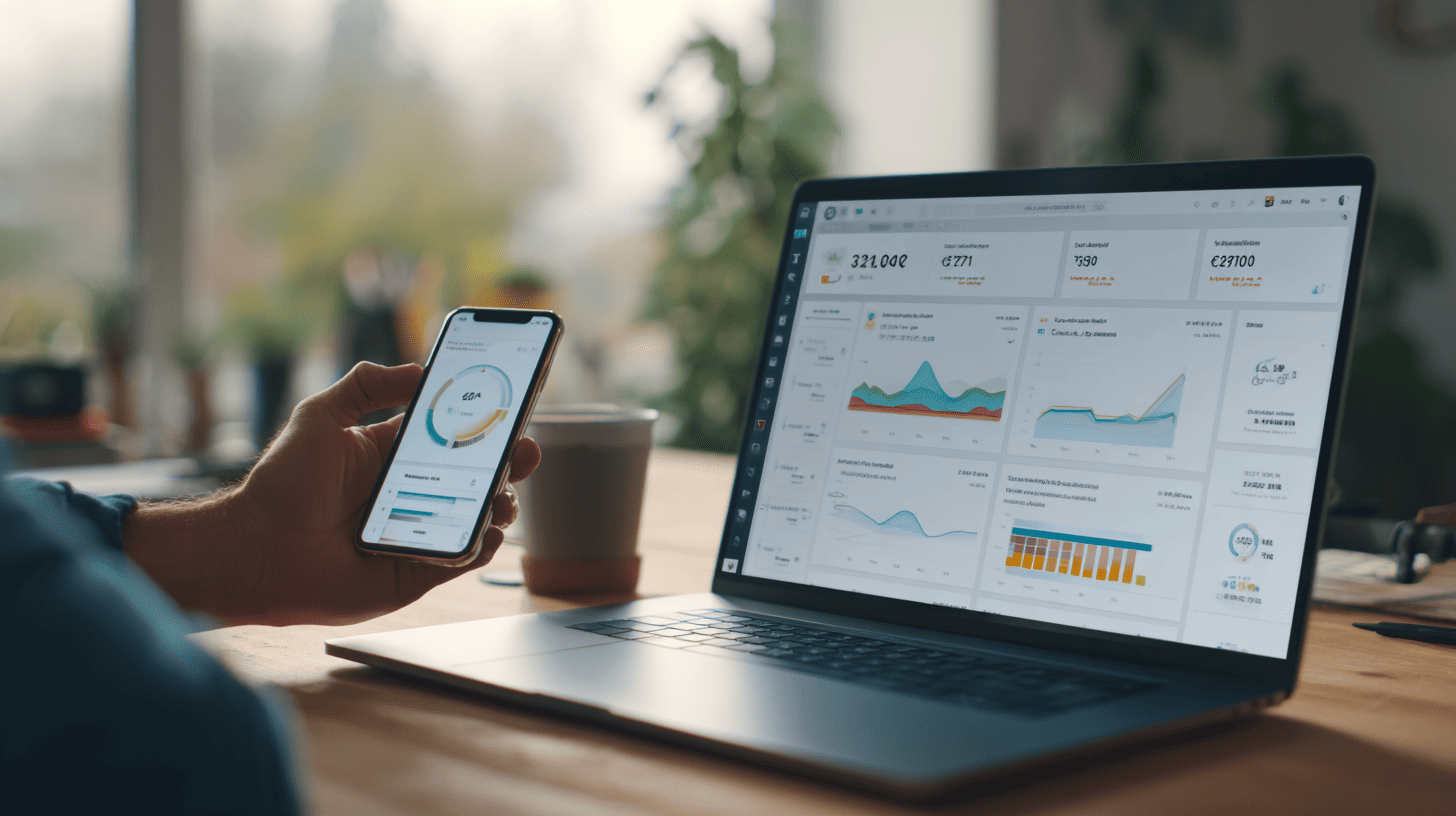 Laptop and smartphone showing modern online banking dashboard and financial analytics