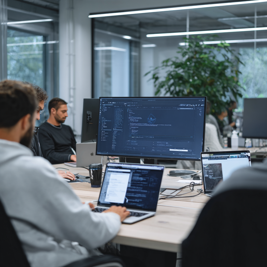 Development team brainstorming in a modern office with laptops and digital screens displaying software code
