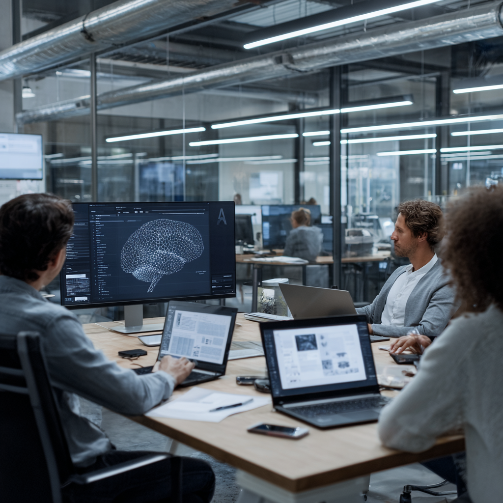 Modern office space with AI-themed digital displays and developers working on computer screens